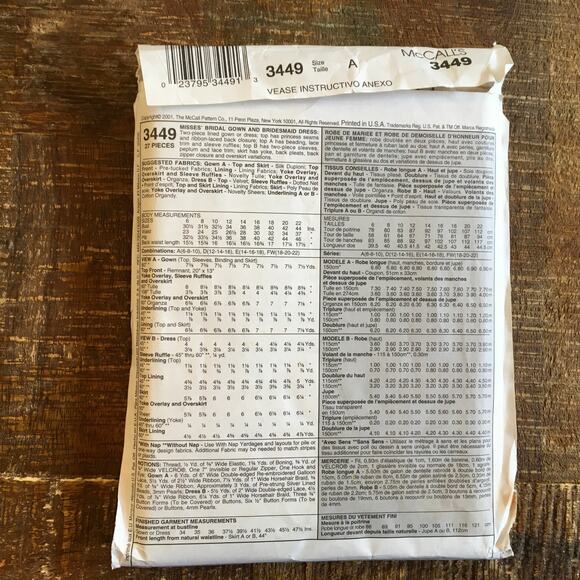 McCalls Sewing  Pattern 3449 Renaissance Bridal Gown Wedding Dress 6-8-10 UNCUT - Picture 2 of 3